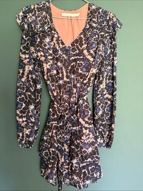 Marie Oliver Purple and Tan Leopard Print Long Sleeve Tie-Waist Dress